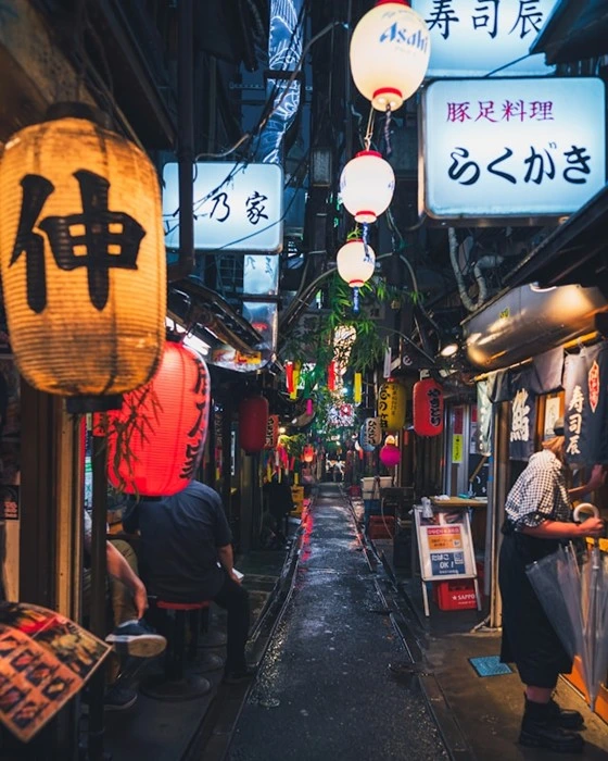 Narrow Japanese izakaya alley at night lit by traditional lanterns and neon signs — a must-visit tips for food lovers