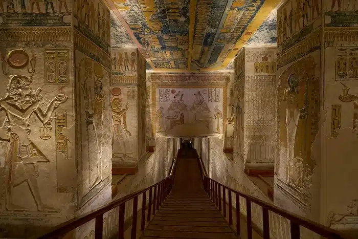 Ornately decorated interior corridor of a royal tomb in the Valley of the Kings in Luxor Egypt