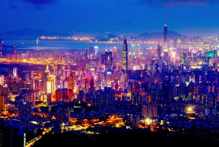 Twilight view of Shenzhen's skyline and coastline from Ping An International Finance Center