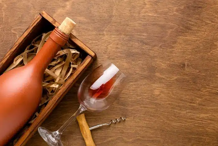 A wine bottle nestled in a wooden box with shredded paper padding, alongside a wine glass and corkscrew on a wooden surface