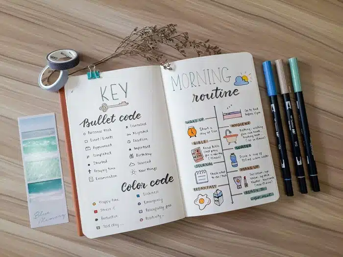 Bullet journal page with a color-coded morning routine and key, building stability through daily structure