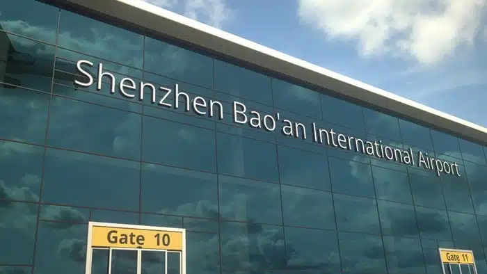 Exterior signage at Shenzhen Bao'an International Airport terminal building