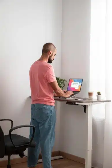Male student typing on laptop at standing desk with rolling chair tucked beside it