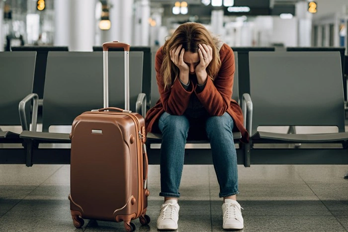 A distressed woman sitting alone in an airport with her suitcase, reflecting the emotional stress and anxiety of facing travel disruptions without insurance