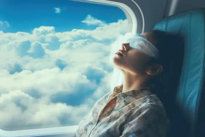 a tired traveler sleeping with an eye mask on a long-haul flight