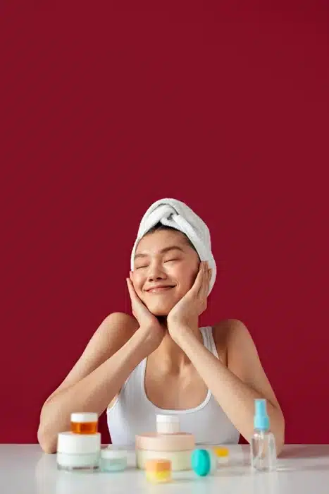 a woman with a towel on her head smiling with topical skincare products in front of her