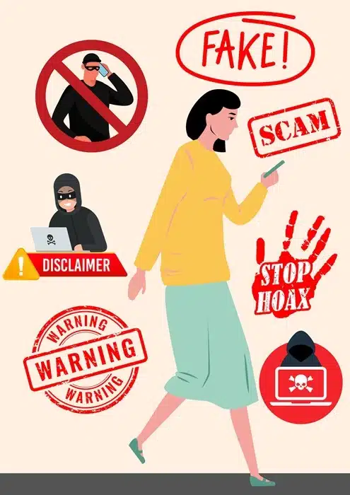 An illustration of a woman walking with a phone surrounded by scam warning signs including fake, scam, warning, and stop hoax labels, depicting the various threats tourists face while traveling.