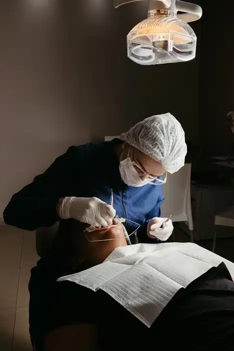 Dentist in full protective gear performing a dental checkup under examination light