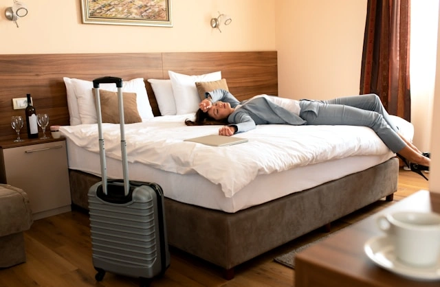 Woman lying on a hotel bed fully dressed with a suitcase on the floor, a laptop beside her, and wine glasses visible on the nightstand