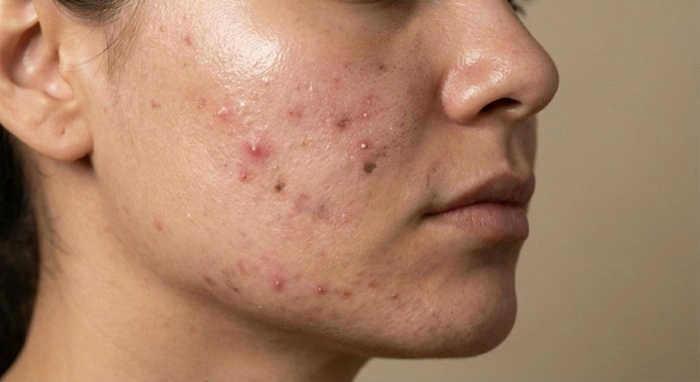 Young woman with visible acne breakouts and post-inflammatory hyperpigmentation on her cheek and jawline