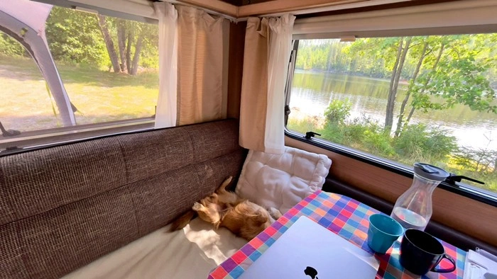 Laptop and coffee on a checkered table inside an RV with a dog napping on the seat and a peaceful river view outside