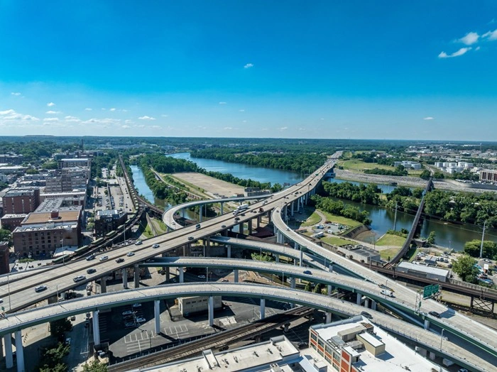 Aerial view of Richmond, Virginia highway interchange and James River near downtown