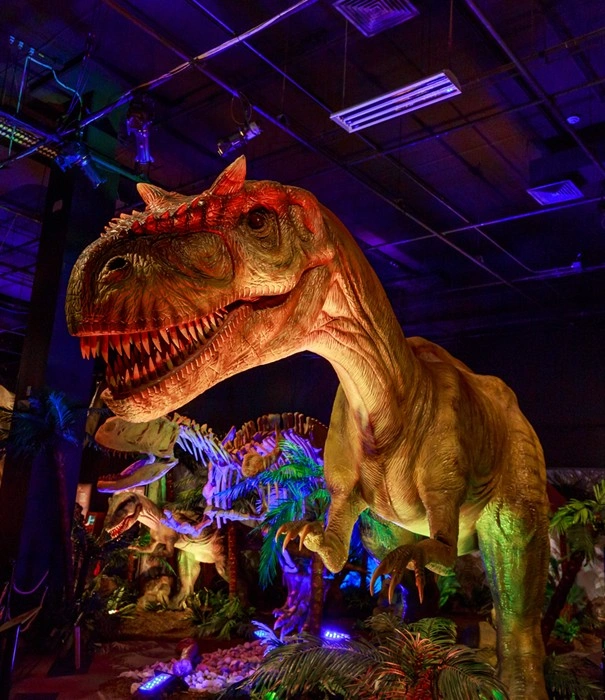 Realistic Allosaurus dinosaur display at Oregon Museum of Science and Industry, a top attraction for anyone traveling to Portland