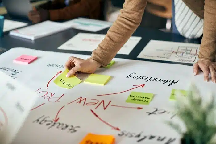 Entrepreneur planning business strategy with sticky notes and idea mapping on a whiteboard