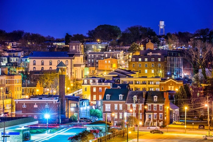 Church Hill neighborhood in Richmond, Virginia lit up at night
