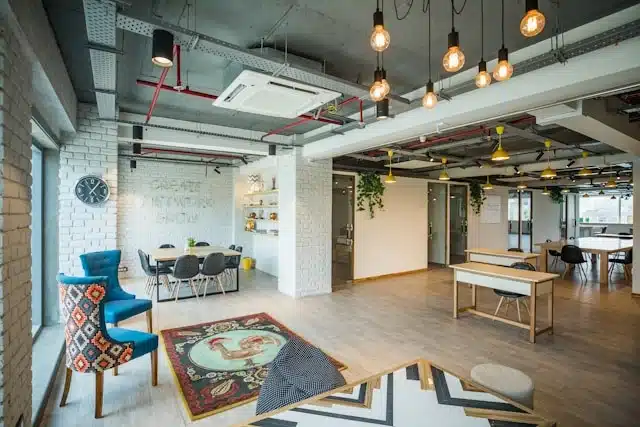 Modern coworking space with seating areas for remote engineering study