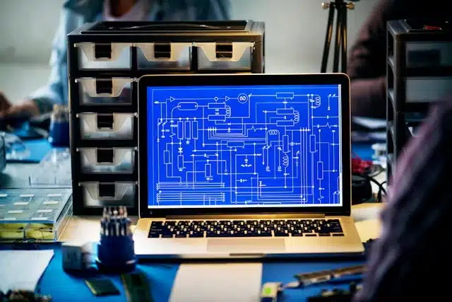 Laptop displaying circuit diagram for engineering coursework at workspace