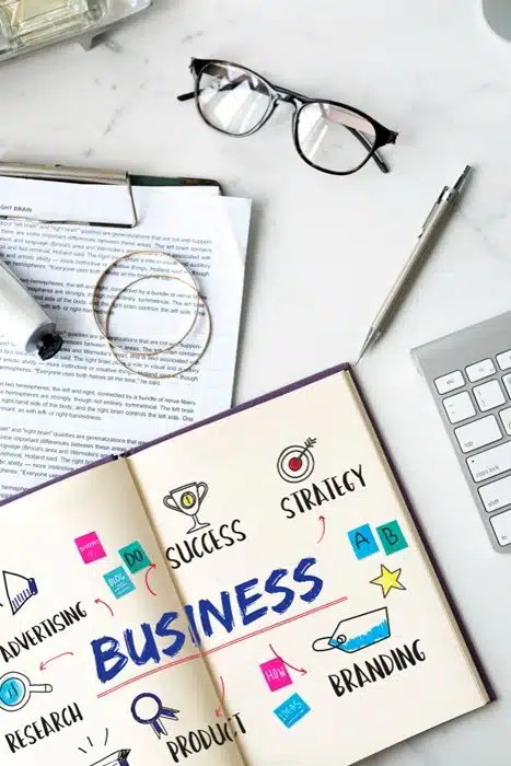 Entrepreneurship benefits illustrated through business notebook with success, strategy, and branding icons