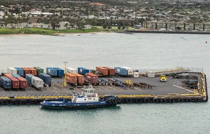 Shipping containers at Kahului Harbor, a key step when moving to Maui