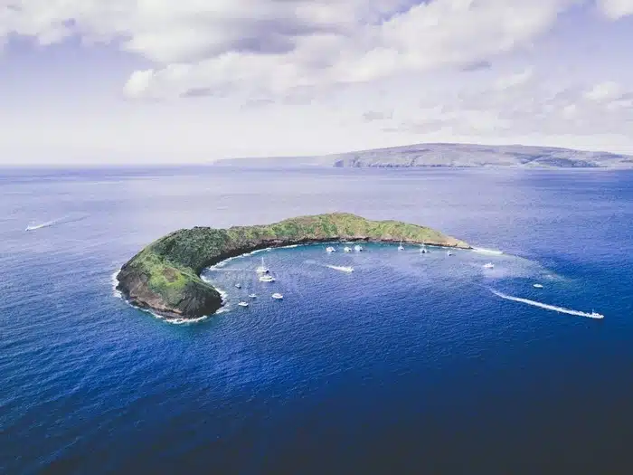 Aerial view of Molokini Crater off the coast of Maui, Hawaii