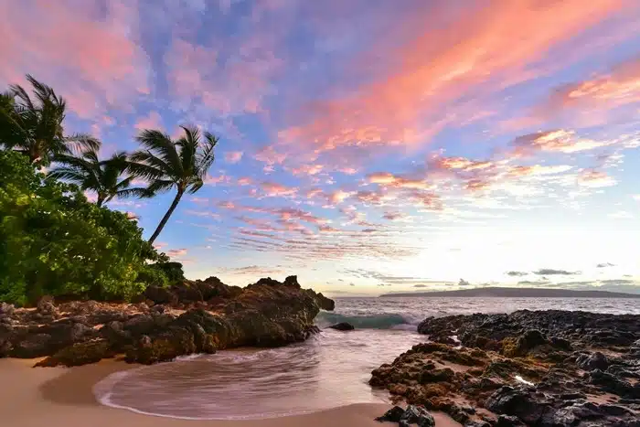 Sunset over a rocky Maui beach with palm trees along the shoreline