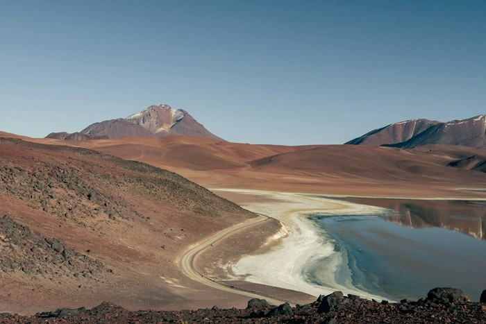 Salt flat lagoon and desert mountains near San Pedro de Atacama in northern Chile