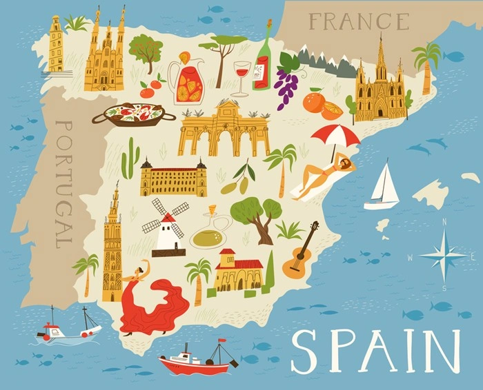 Illustrated map of Spain showing regional landmarks, food, and travel icons