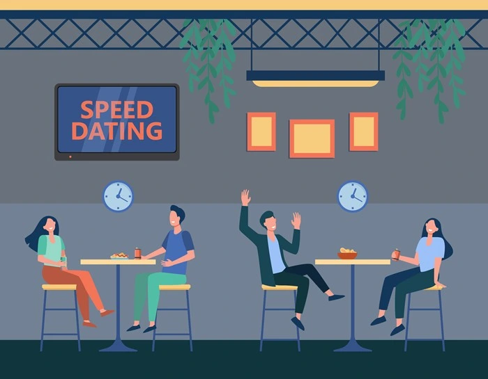 Illustration of couples talking at speed dating events with a timer clock on the wall