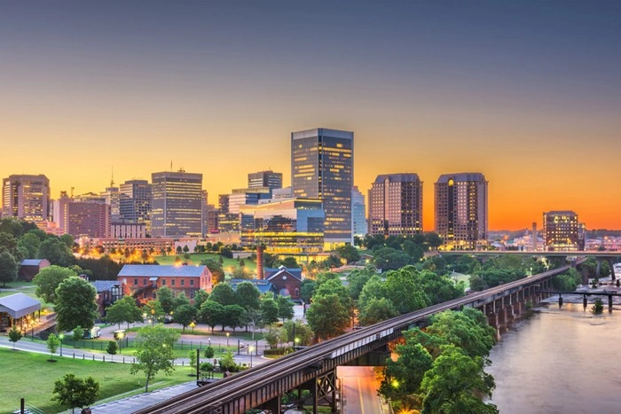 Aerial view of Richmond, Virginia skyline at sunset
