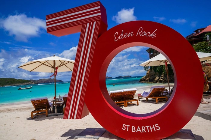 Iconic red '70' sign at Eden Rock hotel in St Barths, a top spot for luxury travel in St Barts