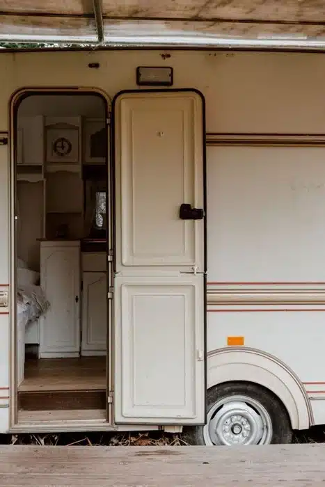 Vintage camping trailer with open door and visible wheel, ready for a road trip