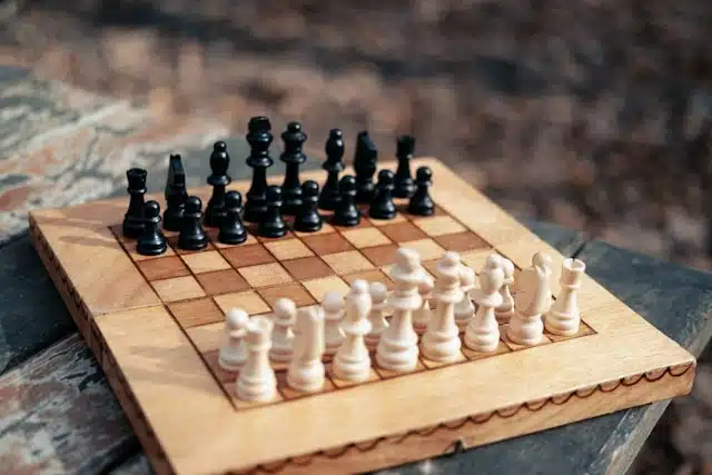 Travel-sized wooden chess set, a pocket game for a long flight or layover