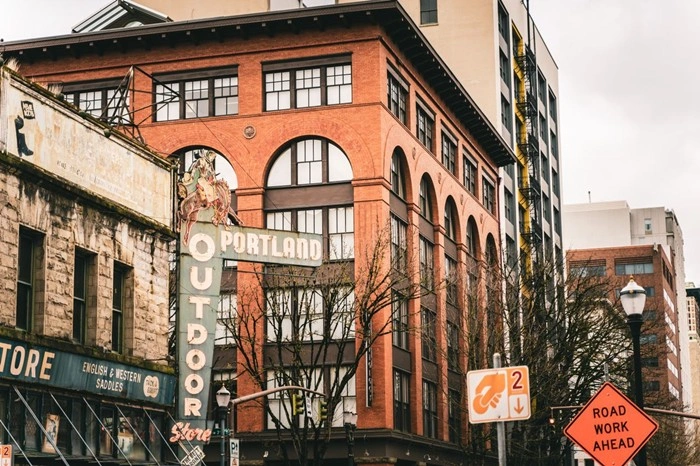 Historic brick building with vintage signage in downtown Portland, Oregon