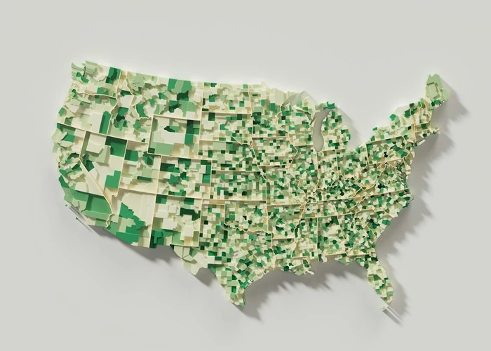 "A textured 3D map of the United States, representing how concealed carry laws vary by state and county