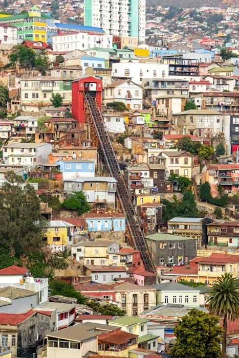 Colorful hillside houses and a red funicular in Valparaíso, Chile