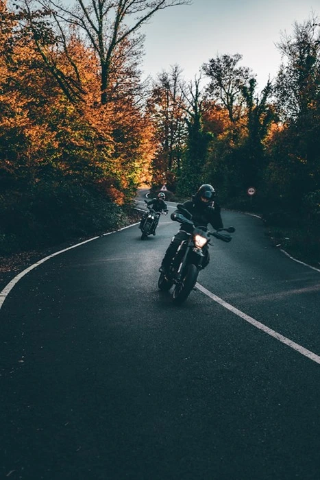 Two motorcyclists riding along a winding road lined with autumn trees
