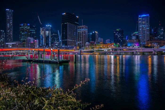Colorful night skyline near Howard Smith Wharves overlooking the Brisbane River