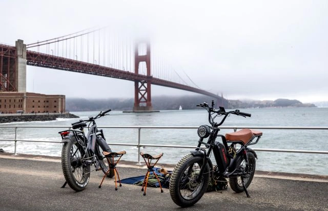 Two e-bikes parked near the Golden Gate Bridge with foldable seats set up nearby