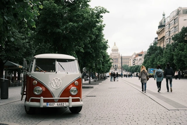 Vintage motorhome parked on a city street in Prague, Czechia