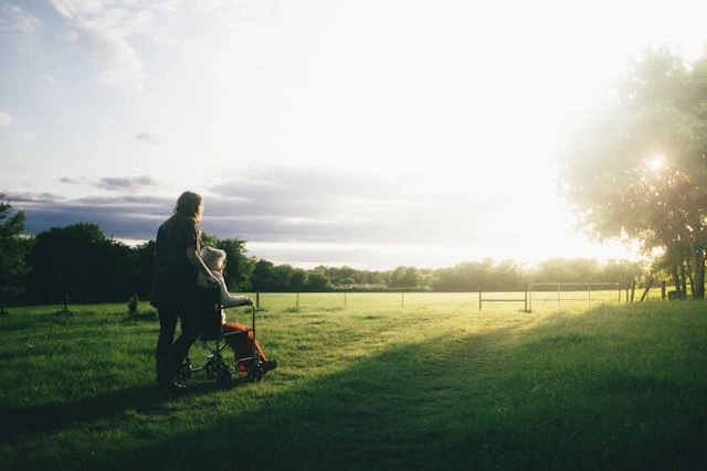 Nurse pushing an elderly patient in a wheelchair across an open field at sunset