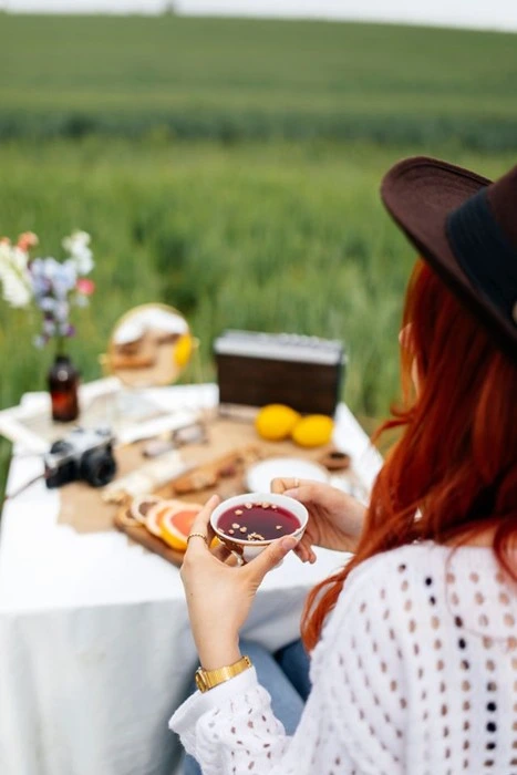 Traveler holding a small ceramic teacup outdoors with a picnic table set with fruit and a compact tea box in a green field