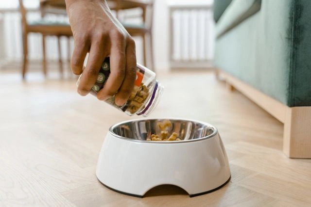 Hand pouring dog treats from a jar into a metal food bowl