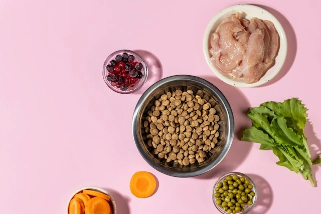 Kibble dog food surrounded by fresh chicken, berries, carrots, and vegetables on a pink background