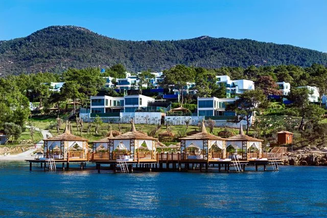 Waterfront resort villas and overwater cabanas against a forested hillside
