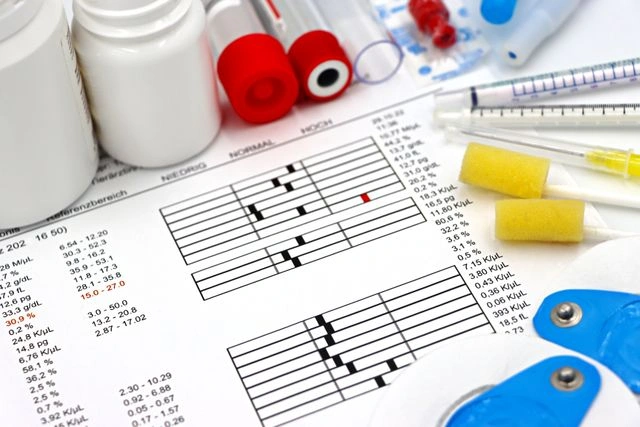 Blood test results and medical supplies documenting port injury symptoms over time