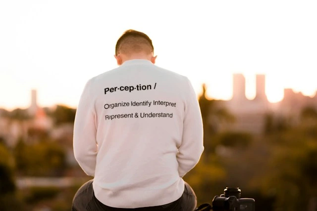Person wearing a sweater printed with the definition of perception, overlooking a city skyline at sunset
