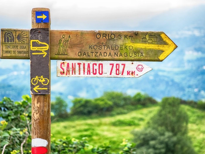 Wooden Camino de Santiago trail marker showing distance and direction for tours for camino de santiago