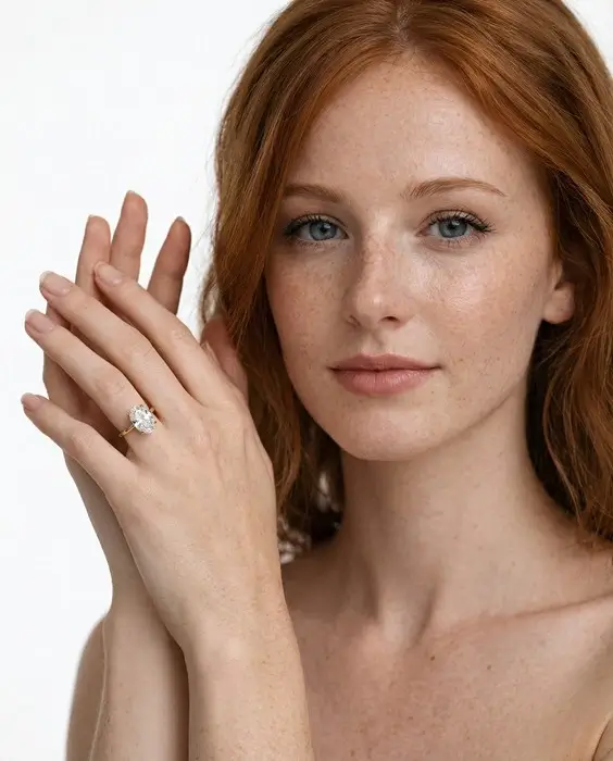 Red-haired woman wearing an oval diamond engagement ring on a yellow gold band, showing how the ring looks on the hand before a long-distance couple places the order