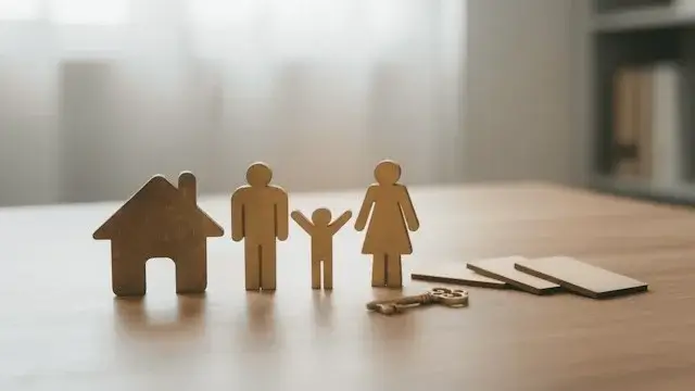 Wooden figures of a father, mother, and child beside a small house cutout and a key on a table, representing post-divorce custody decisions
