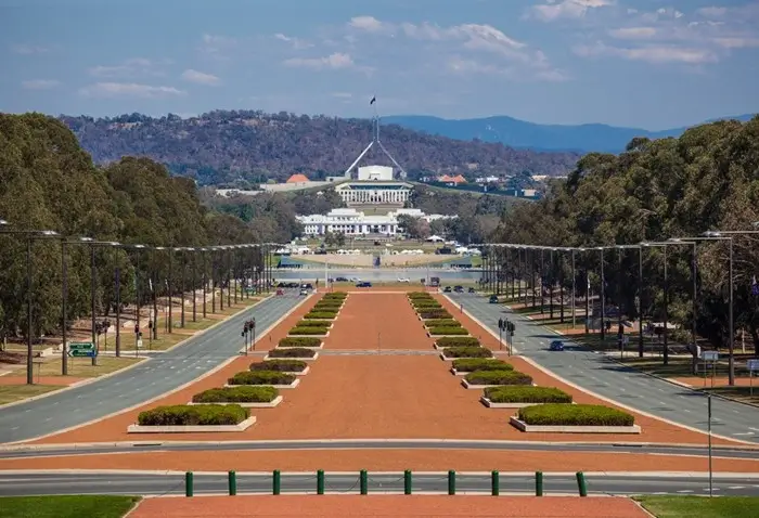 View down Anzac Parade from the Australian War Memorial toward Old Parliament House and Parliament House, a must-see sight on any first-time Canberra trip